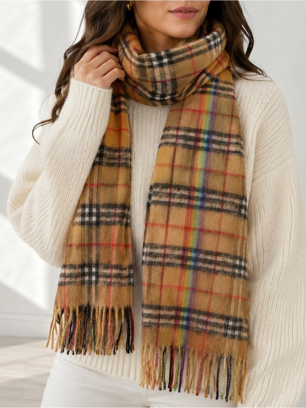 Burberry NWT Rainbow Check 100% Cashmere Scarf Made in Scotland MSRP $500+
